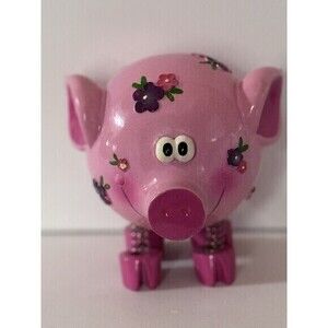 Unique Pink Piggy Coin Bank Hand Painted Ceramic Feet On Springs